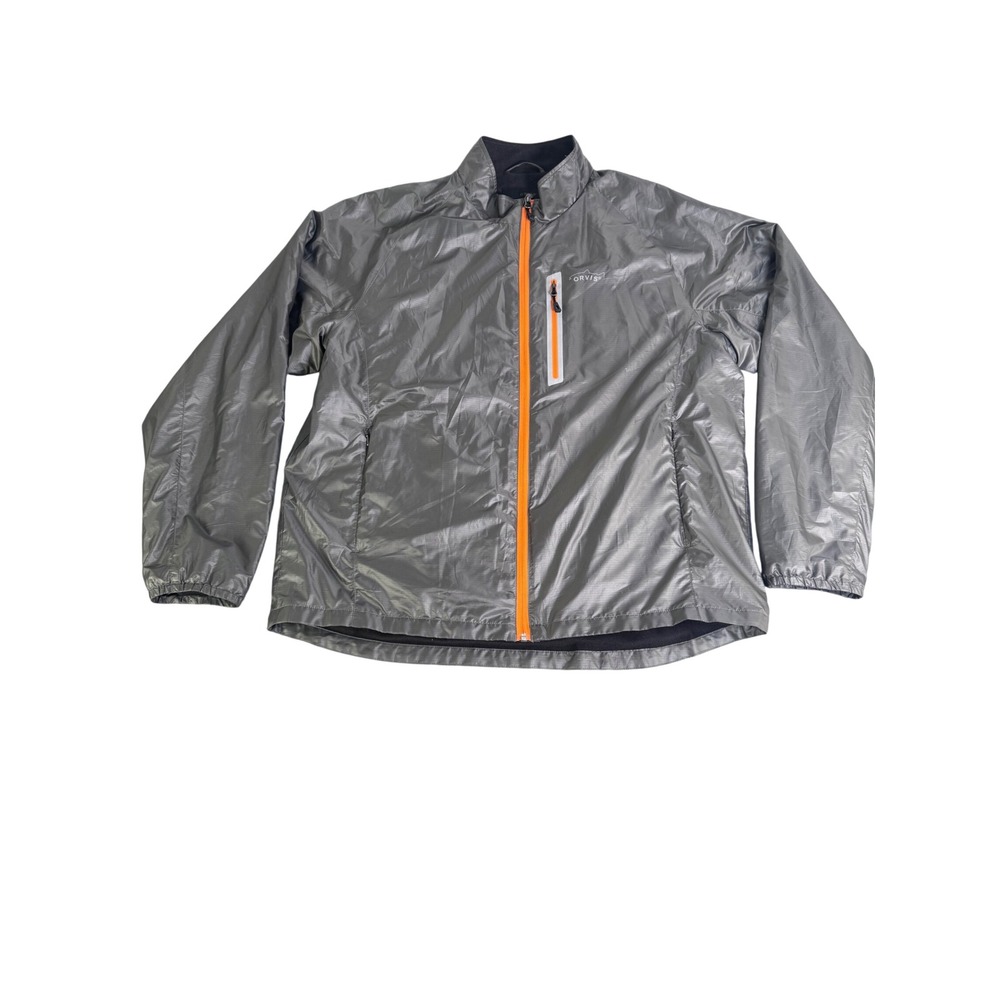 Orvis Trout Bum Mens Large Grey Windbreaker Full Zip Jacket Orange Trim RN 70534